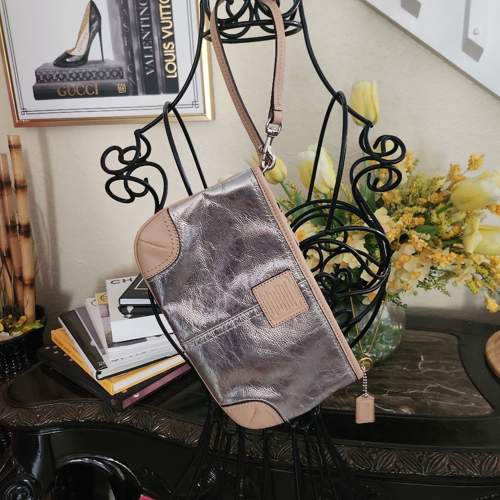 Coach metallic silver leather wristlet clutch bag